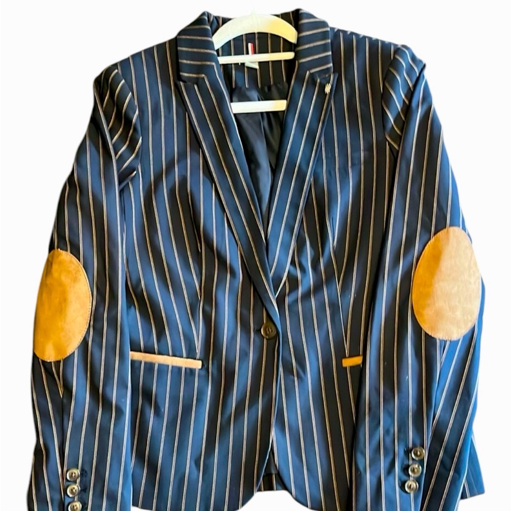 Tommy Hilfiger pinstriped navy blazer with suede elbow patches.